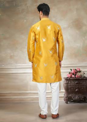yellow pure silk kurta pajama with embroidered work 3