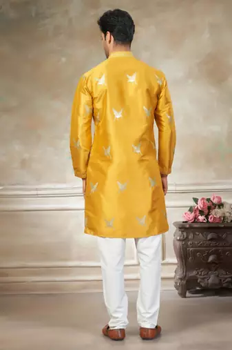 yellow pure silk kurta pajama with embroidered work