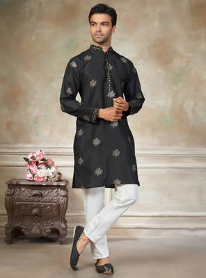 black pure silk kurta pajama with embroidered work 2