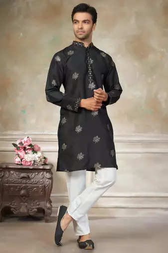 black pure silk kurta pajama with embroidered work