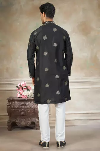 black pure silk kurta pajama with embroidered work