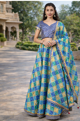 blue silk lehenga set with printed work pattern 1