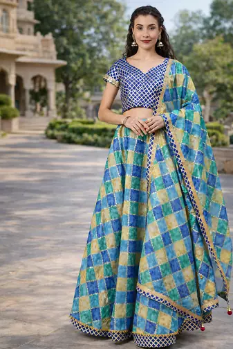 Blue Handcrafted Kota Silk Stitched Lehenga With Dupatta