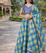 Blue Handcrafted Kota Silk Stitched Lehenga With Dupatta