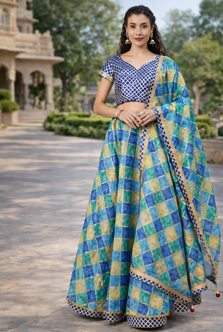Blue Handcrafted Kota Silk Stitched Lehenga With Dupatta