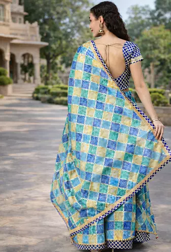 blue silk lehenga set with printed work pattern