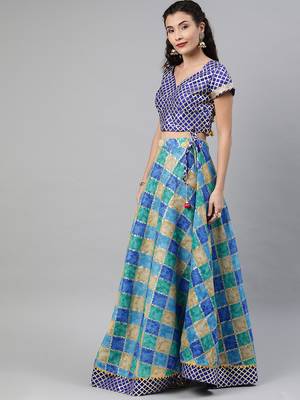blue silk lehenga set with printed work pattern 3