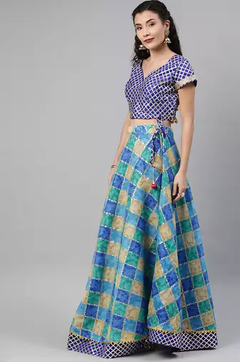 blue silk lehenga set with printed work pattern