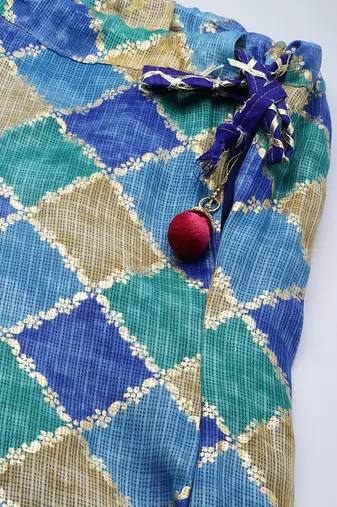 blue silk lehenga set with printed work pattern