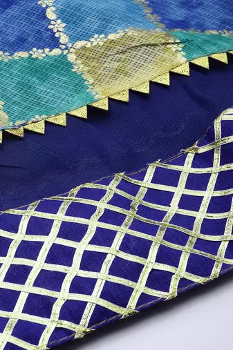 blue silk lehenga set with printed work pattern