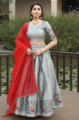Silver Color Zari Weaving Work Silk Traditional Lehenga Choli With Unstitched Blouse