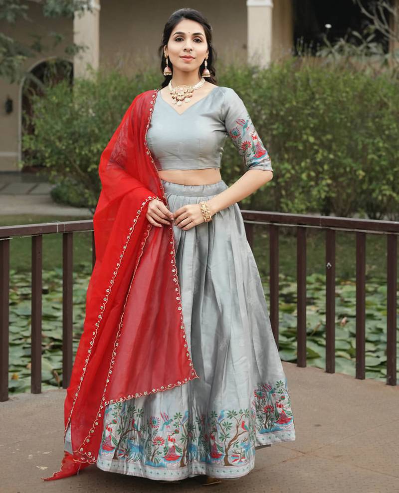 Silver Color Zari Weaving Work Silk Traditional Lehenga Choli With Unstitched Blouse
