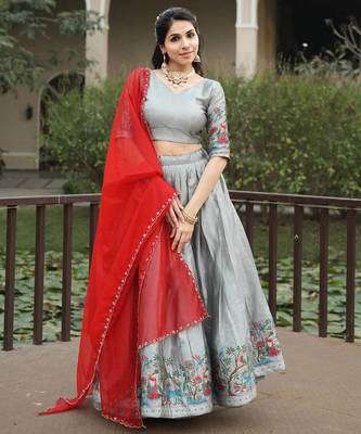 Silver Color Zari Weaving Work Silk Traditional Lehenga Choli With Unstitched Blouse 2
