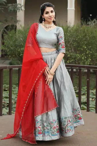 Silver Color Zari Weaving Work Silk Traditional Lehenga Choli With Unstitched Blouse