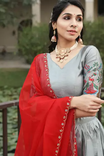 Silver Color Zari Weaving Work Silk Traditional Lehenga Choli With Unstitched Blouse