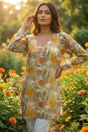  floral digital print muslin silk tunic / stylish short kurti for grilish