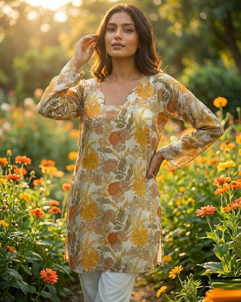  floral digital print muslin silk tunic / stylish short kurti for grilish