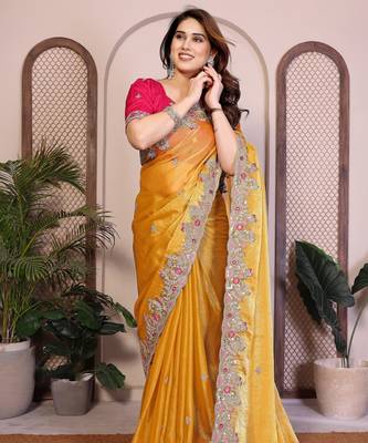 Catching mustard yellow fendy silk multi sequins embroidered saree with banglory silk blouse 2