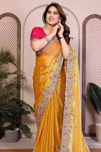 Catching mustard yellow fendy silk multi sequins embroidered saree with banglory silk blouse