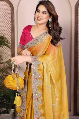 Catching mustard yellow fendy silk multi sequins embroidered saree with banglory silk blouse