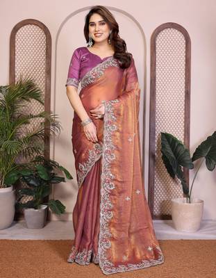 Delightfu rust copper fendy silk multi sequins embroidered saree with banglory silk blouse 1