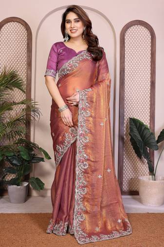 Delightfu rust copper fendy silk multi sequins embroidered saree with banglory silk blouse