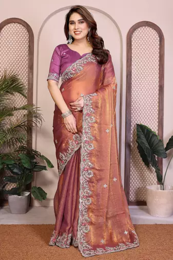 Delightfu rust copper fendy silk multi sequins embroidered saree with banglory silk blouse