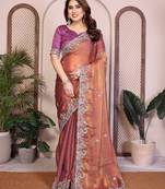Delightfu rust copper fendy silk multi sequins embroidered saree with banglory silk blouse