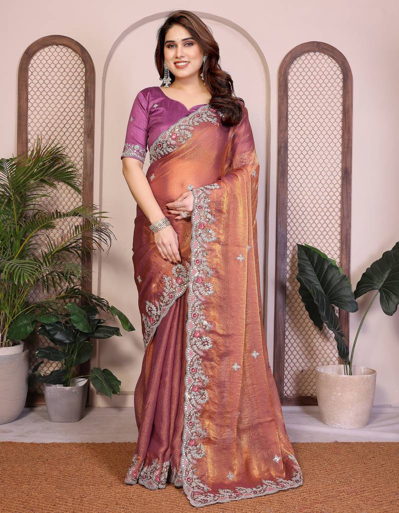 Delightfu rust copper fendy silk multi sequins embroidered saree with banglory silk blouse