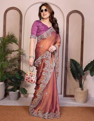 Delightfu rust copper fendy silk multi sequins embroidered saree with banglory silk blouse 3