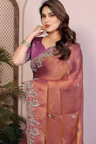 Delightfu rust copper fendy silk multi sequins embroidered saree with banglory silk blouse