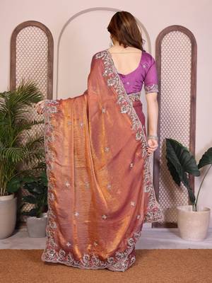 Delightfu rust copper fendy silk multi sequins embroidered saree with banglory silk blouse 5