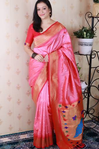 Pink paithani silk bandhani zari weaving saree with contrast blouse piece