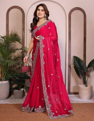 Enchanting rani pink fendy silk multi sequins embroidered saree with banglory silk blouse 3
