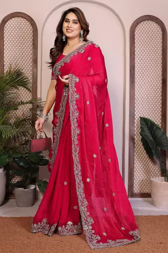 Enchanting rani pink fendy silk multi sequins embroidered saree with banglory silk blouse