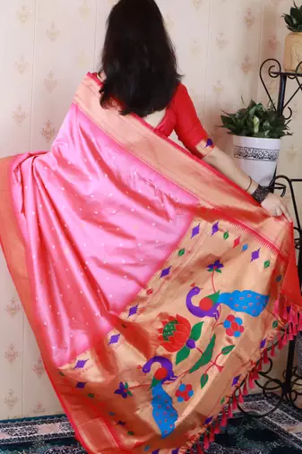 pink paithani silk saree with bandhani zari work