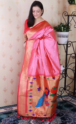 pink paithani silk saree with bandhani zari work 3