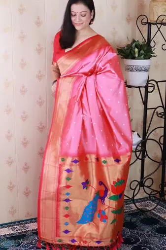 pink paithani silk saree with bandhani zari work