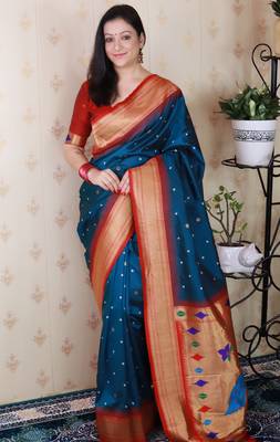 blue paithani silk saree with bandhani zari work 1