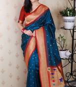 blue paithani silk saree with bandhani zari work