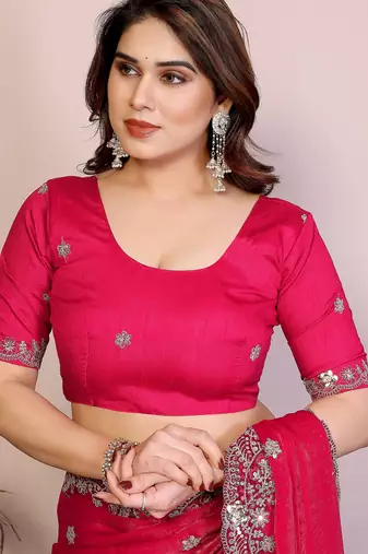 Enchanting rani pink fendy silk multi sequins embroidered saree with banglory silk blouse