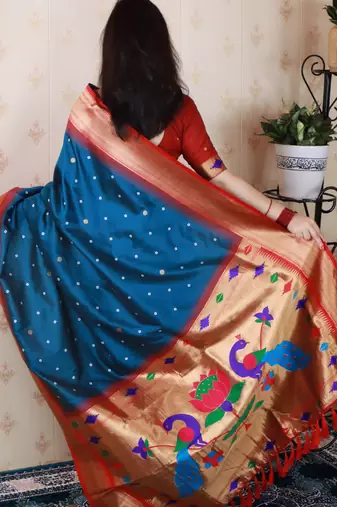 blue paithani silk saree with bandhani zari work