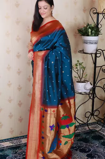 blue paithani silk saree with bandhani zari work