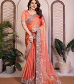 Mesmerizing peach orange fendy silk multi sequins embroidered saree with banglory silk blouse