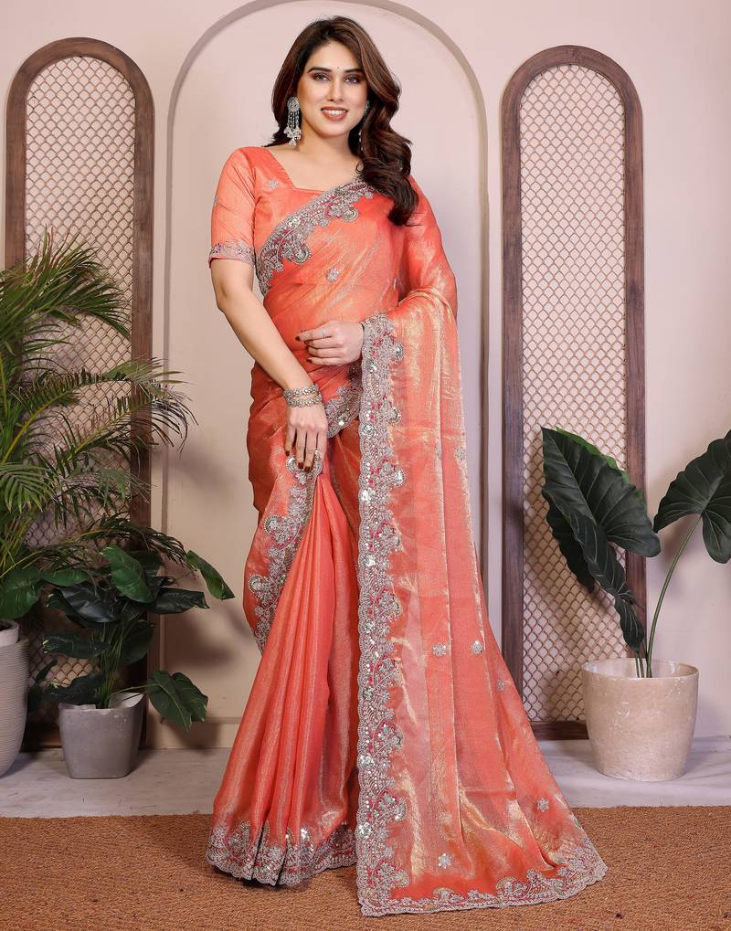 Mesmerizingl peach orange fendy silk multi sequins embroidered saree with banglory silk blouse