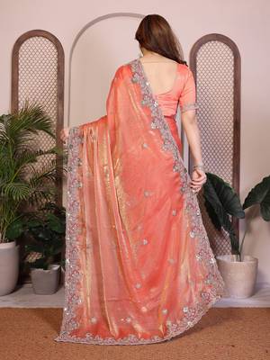 Mesmerizing peach orange fendy silk multi sequins embroidered saree with banglory silk blouse 2