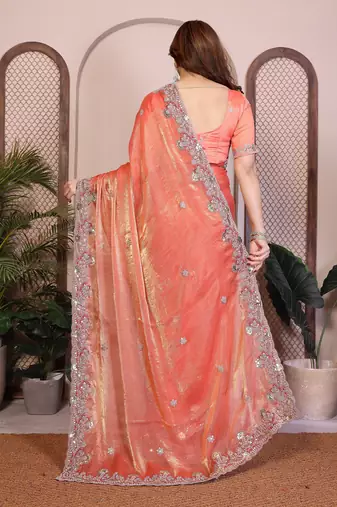 Mesmerizing peach orange fendy silk multi sequins embroidered saree with banglory silk blouse
