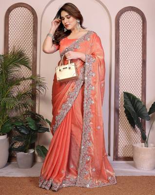 Mesmerizing peach orange fendy silk multi sequins embroidered saree with banglory silk blouse 3