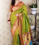 light green paithani silk saree with bandhani zari work
