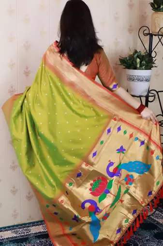 light green paithani silk saree with bandhani zari work